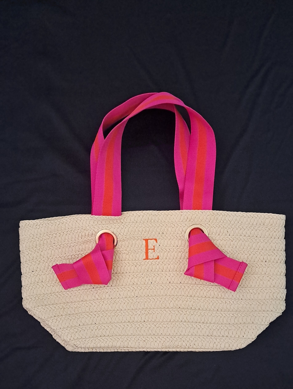 Mark & Graham Straw Tote with Pink and Orange Striped Handles